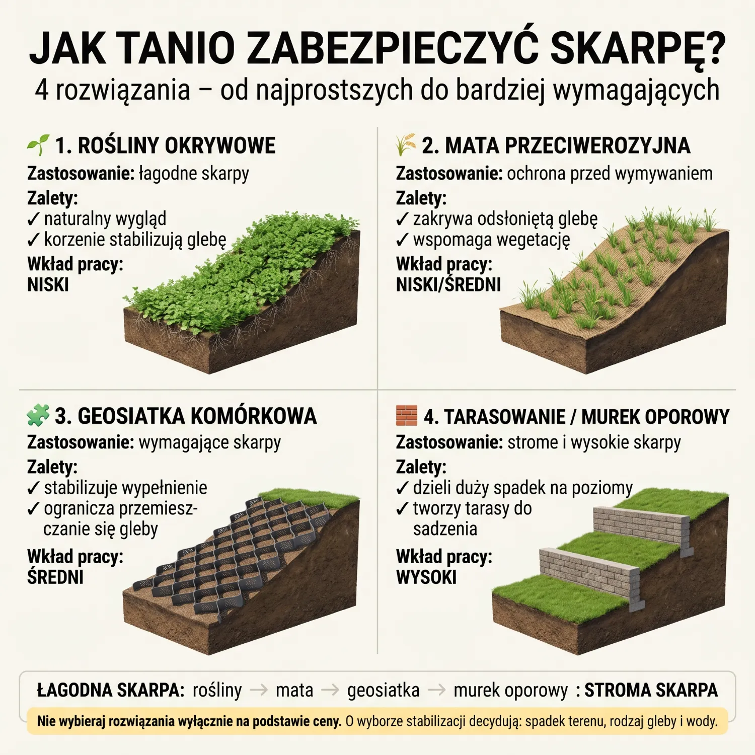 Niski murek oporowy z betonowych gazonów zabezpieczający skarpę przed erozją